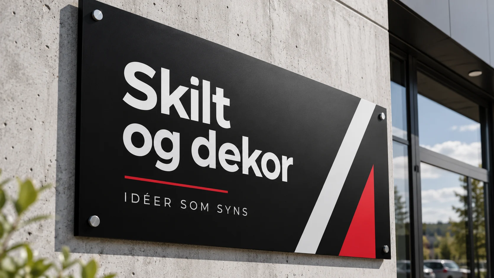 Konseptbilde av sort fasadeskilt på betongvegg med hvit og rød folie, Skilt og dekor